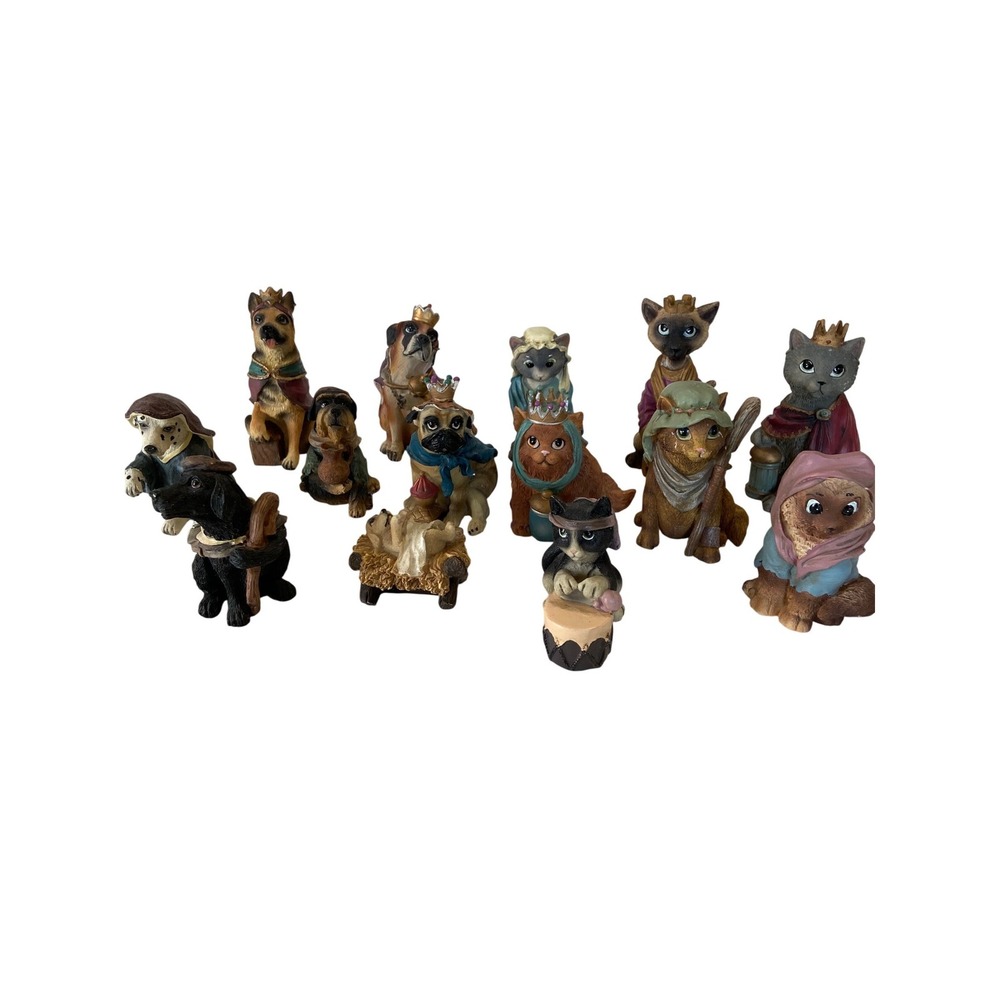 14 Piece Dog and Cat‎ Pet Nativity Set Resin Christmas Figurines Multicolor